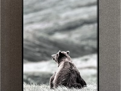 Animal Painting of a Bear Sitting on Grassland with Mountain Background Black and White Style 3d model