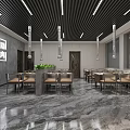 Modern Restaurant Interior With Dining Tables Chairs Slatted Ceiling Buffet Counter And Green Plants
