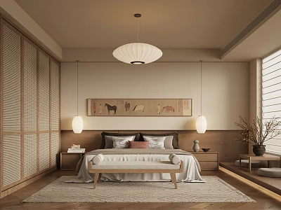 Minimalist Bedroom Interior With Warm Tones Bed Bench Nightstands Table Lamps And Animal Wall Art 3d model