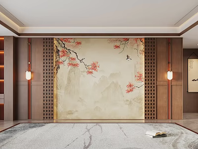 Chinese Traditional Interior Featuring Floral Bird Mountain Wall Art Wooden Lattice And Wall Lamps 3d model