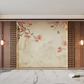 Chinese Traditional Interior Featuring Floral Bird Mountain Wall Art Wooden Lattice And Wall Lamps