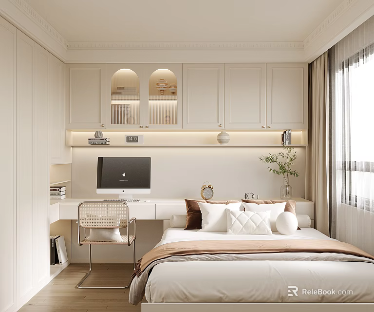 Cozy Tatami Bedroom Interior Design With Desk Chair Soft Pillows And Window Curtains 3d model 