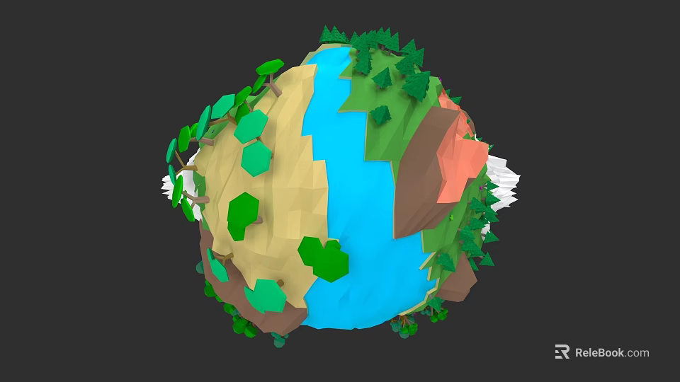 Space Exploration View Of Low Poly Earth With Natural Landscapes Trees And Water Bodies 3d model 