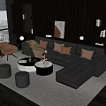 Modern Black Leather Sofa with Cushions Ottoman Round Coffee Table and Stools in Living Room