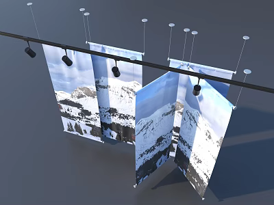 Stylish Curtains With Snow Mountain Pattern Hanging On Black Rod And Small Hooks 3d model