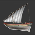 Vintage Sailing Boat with Striped Sail Colorful Hull Wooden Mast and Ropes