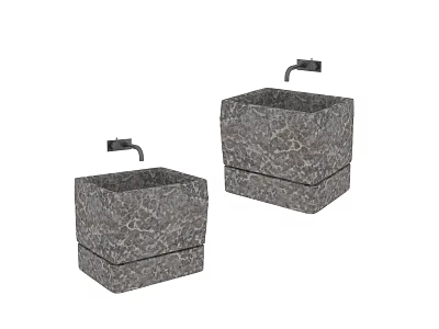 Two Square Textured Stone Washbasins Featuring Modern Faucets In Bathroom Design 3d model