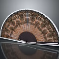 Traditional Hand Fan With Intricate Brown Orange Patterns And Black Frame White Trim