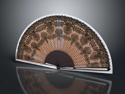 Traditional Hand Fan With Intricate Brown Orange Patterns And Black Frame White Trim 3d model