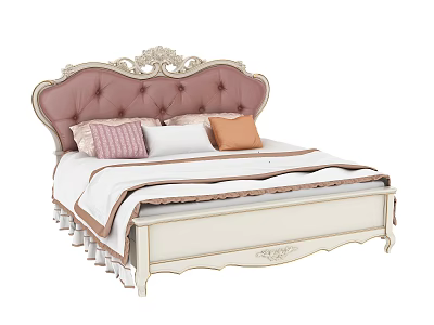 Elegant Double Bed with Carved Pink Upholstered Headboard White Frame and Colorful Decorative Pillows 3d model