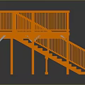 Orange Wooden Staircase With Landing Railing And Detailed Design Features