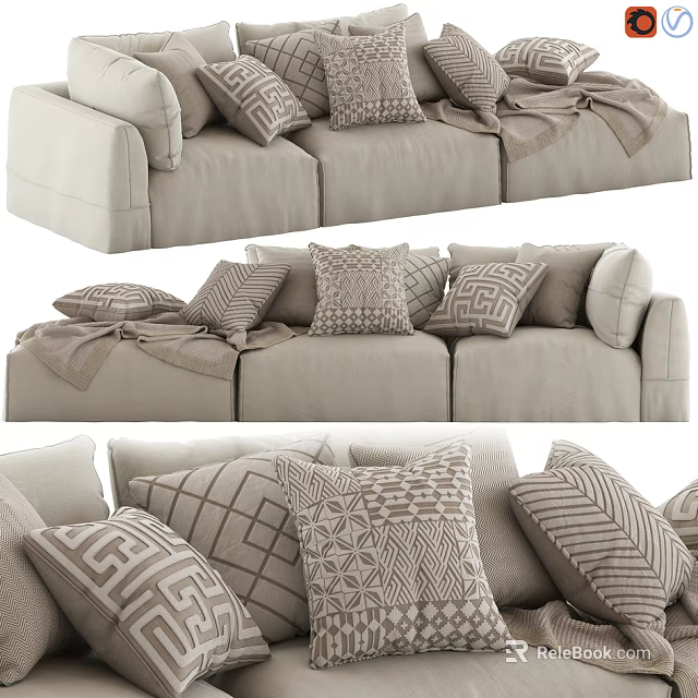 Light Beige Three Seater Sofa With Geometric Pattern Pillows And Throw Blanket 3d model