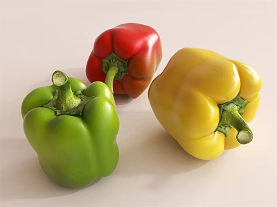 Fresh Vibrant Green Red Yellow Bell Peppers on White Background Showing Bright Colors 3d model