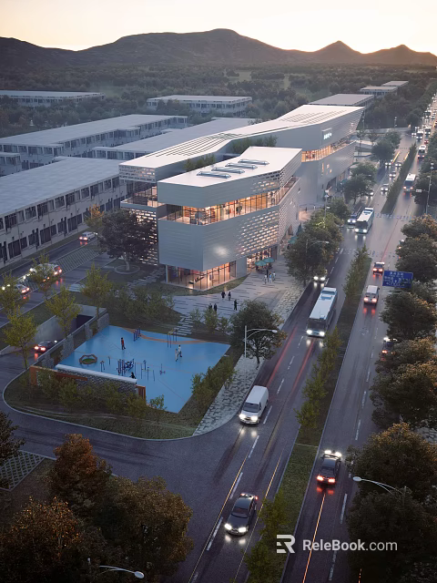 Modern Commercial Complex Architectural Exterior With Urban Street Vehicles Pedestrians And Evening Lighting 3d model 