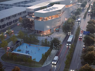 Modern Commercial Complex Architectural Exterior With Urban Street Vehicles Pedestrians And Evening Lighting 3d model