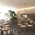 Bright Modern Dessert Shop Interior With Wooden Tables Green Plants And Pendant Lights