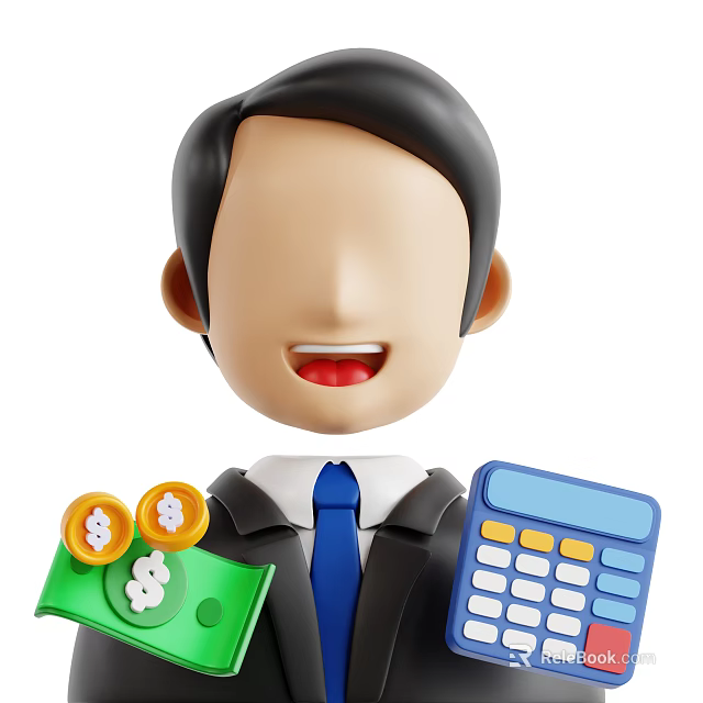 Man in suit with blue tie holding green wallet coins and blue calculator 3d model 