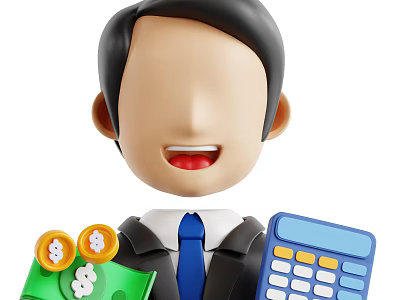 Man in suit with blue tie holding green wallet coins and blue calculator 3d model