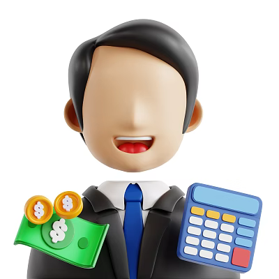 Man in suit with blue tie holding green wallet coins and blue calculator 3d model