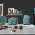 Light Blue Kitchen Appliances Microwave Toaster Kettle Coffee Maker With Bread Teacup Jam On Counter