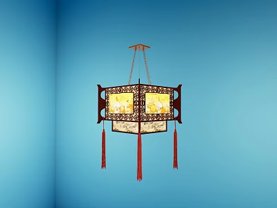 Chinese Style Pendant Lamp With Carved Frame And Tassels Hanging In Blue Wall Corner 3d model