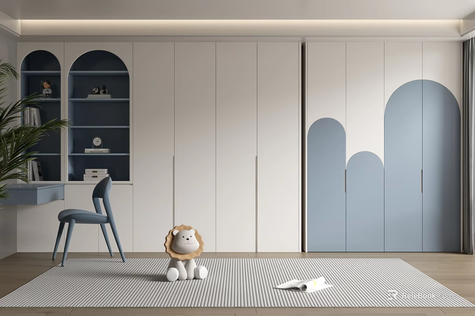 Modern Wardrobe Design With White And Blue Curved Doors And Open Shelves 3d model 