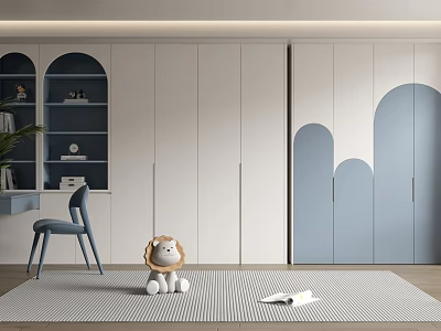 Modern Wardrobe Design With White And Blue Curved Doors And Open Shelves 3d model