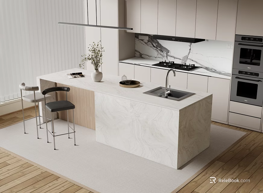 Modern Kitchen Bar Area Interior Design With Marble Island Countertop And Cabinets Stools 3d model 
