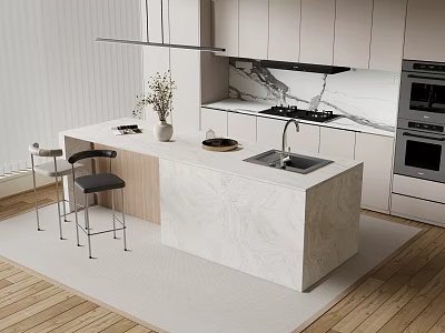 Modern Kitchen Bar Area Interior Design With Marble Island Countertop And Cabinets Stools 3d model