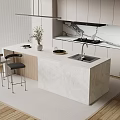 Modern Kitchen Bar Area Interior Design With Marble Island Countertop And Cabinets Stools