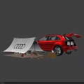 Audi Red SUV With Open Trunk And Camping Gear Including Tent Chairs Firewood