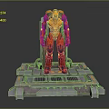 Orange Armored Robot Character Standing On Metal Platform With Mechanical Structure