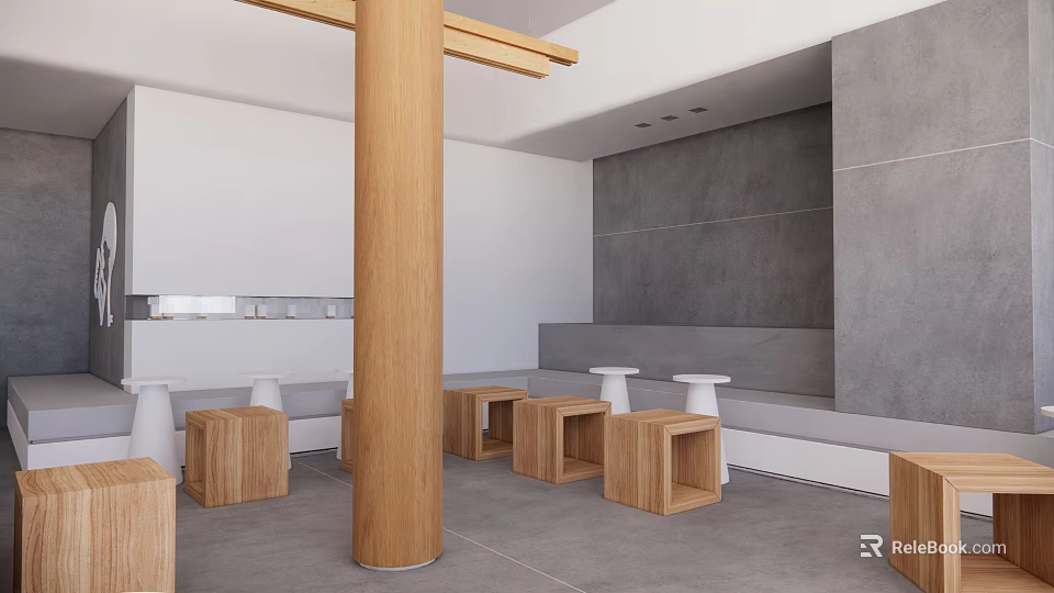 Modern Restaurant Interior With Open Design Wooden Pillar Stools And White Gray Walls 3d model 