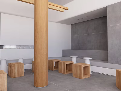 Modern Restaurant Interior With Open Design Wooden Pillar Stools And White Gray Walls 3d model
