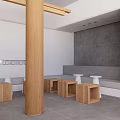 Modern Restaurant Interior With Open Design Wooden Pillar Stools And White Gray Walls