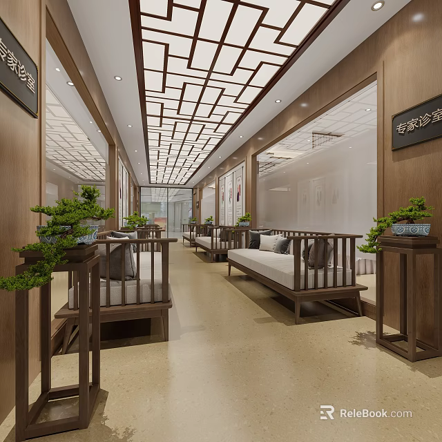 Chinese Style Corridor Interior With Wooden Structure Green Plants And Benches 3d model 