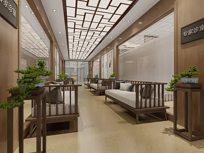 Chinese Style Corridor Interior With Wooden Structure Green Plants And Benches 3d model
