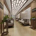 Chinese Style Corridor Interior With Wooden Structure Green Plants And Benches