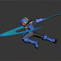Glowing Blue Crescent Scene With Blue And Yellow Cartoon Character Standing