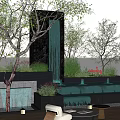 Stacked water landscape falling water curtain rest sofa gravel falling water fountain shrub cluster tree lamp 3d model