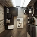 Modern Living and Dining Room Interior With Wooden Slat Wall Dark Sofa and Coffee Table