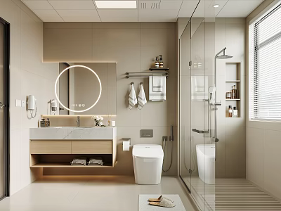 Modern Bathroom Interior Design With Round Mirror Vanity Toilet Glass Shower And Natural Light 3d model