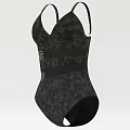 Black V Neck One Piece Swimsuit With Back Straps Patterned Fabric And Fitted Design