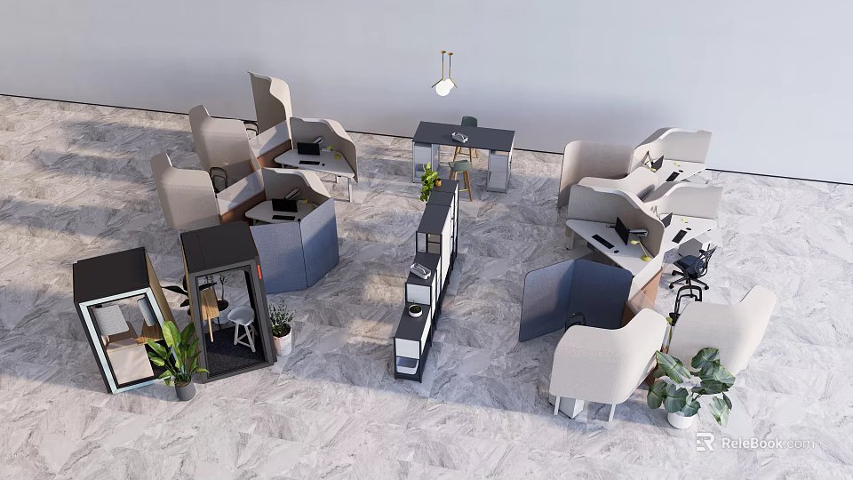 Modern Public Office Space With Open Layout Desks Ergonomic Chairs And Green Plants 3d model 