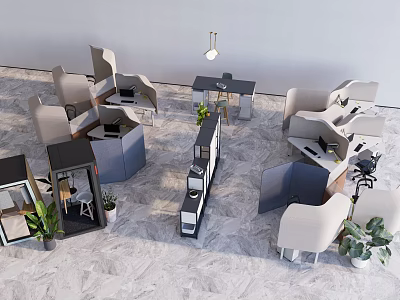 Modern Public Office Space With Open Layout Desks Ergonomic Chairs And Green Plants 3d model