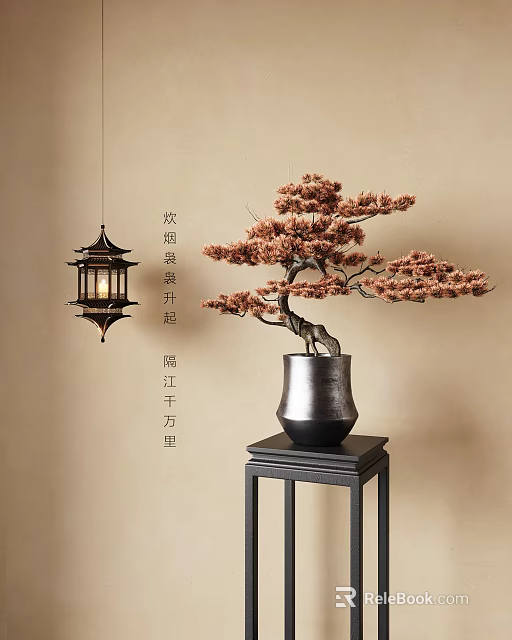 Traditional Pine Bonsai Tree On Black Wooden Stand With Hanging Lantern And Beige Wall 3d model 