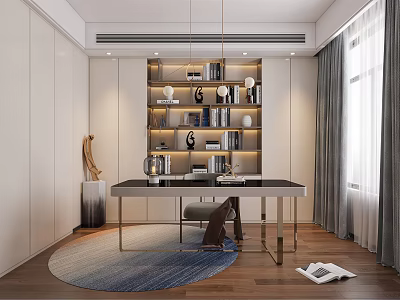 Modern Study Room Interior With Built in Bookshelf Wooden Desk And Area Rug 3d model