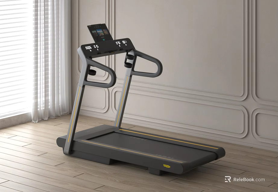 Indoor Treadmill with Display Screen and Armrests in Room with White Wall and Wooden Floor 3d model 