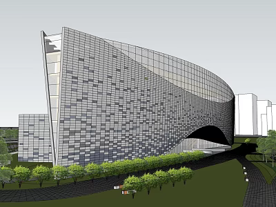Modern Curved Building Exterior With Grid Facade And Greenery Pathway 3d model