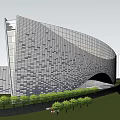 Modern Curved Building Exterior With Grid Facade And Greenery Pathway 3d model